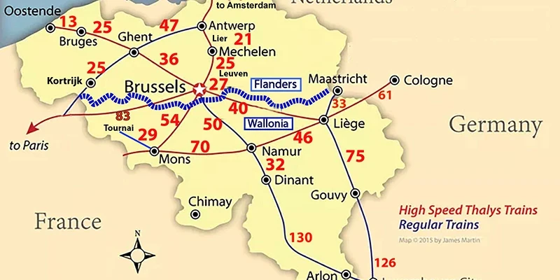 Belgium train travel times map