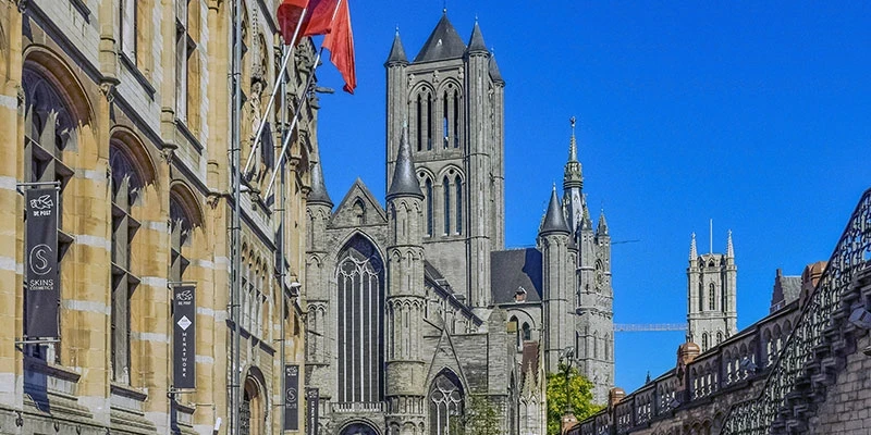 The 91-meter-high belfry tower was built in the 14th century,