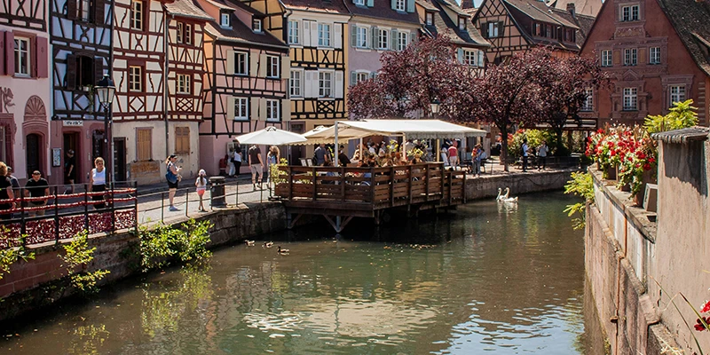 A small boat on a canal in Little Venice, Colmar