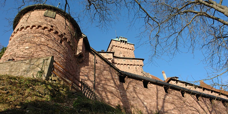 The great bastion of Haut-Koenigsbourg rising above the hillside in winter sunlight