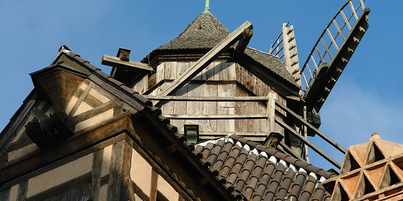 The windmill and half-timbered roofs inside the walls of Haut-Koenigsbourg