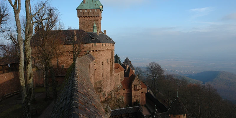 The keep of Haut-Koenigsbourg seen from the garden with the hills beyond