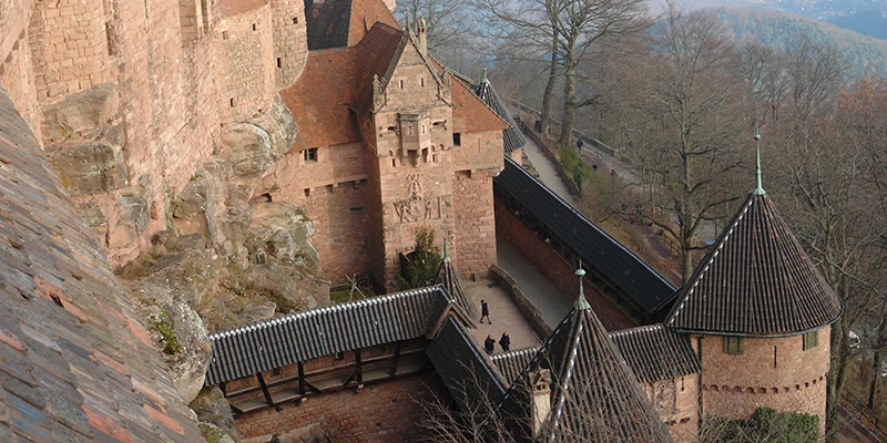 Looking down over the roofs and towers of Haut-Koenigsbourg from the upper walls