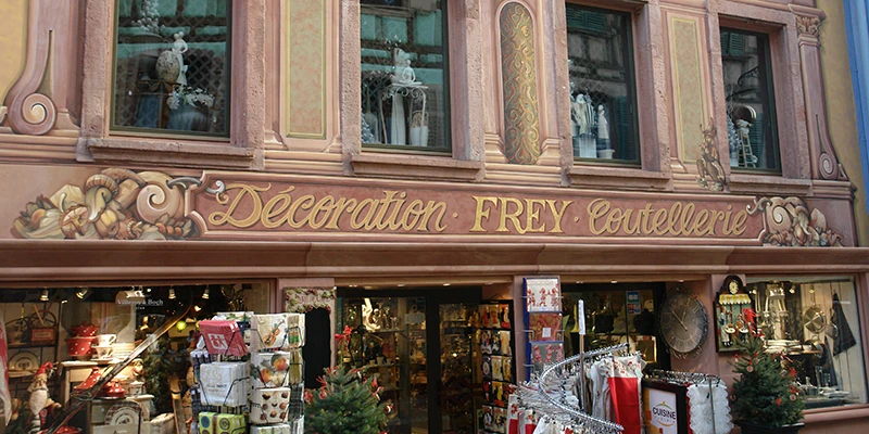Decorated shopfront in Ribeauvillé during the Christmas market