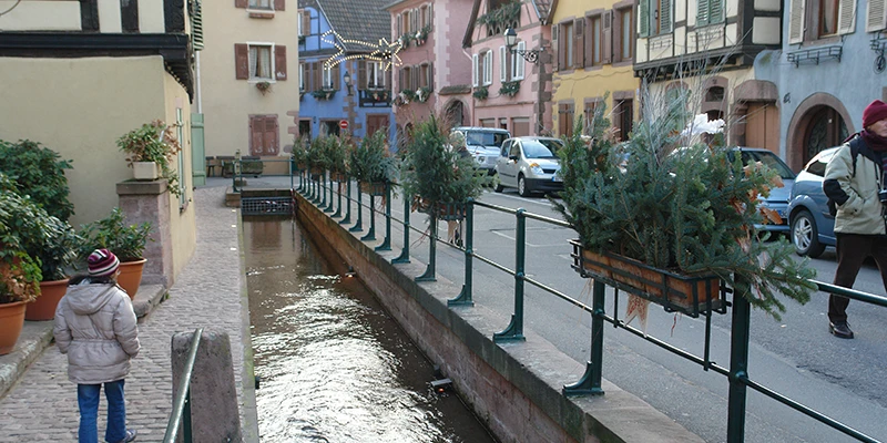 Pink and cream houses along the stream at the edge of Ribeauvillé