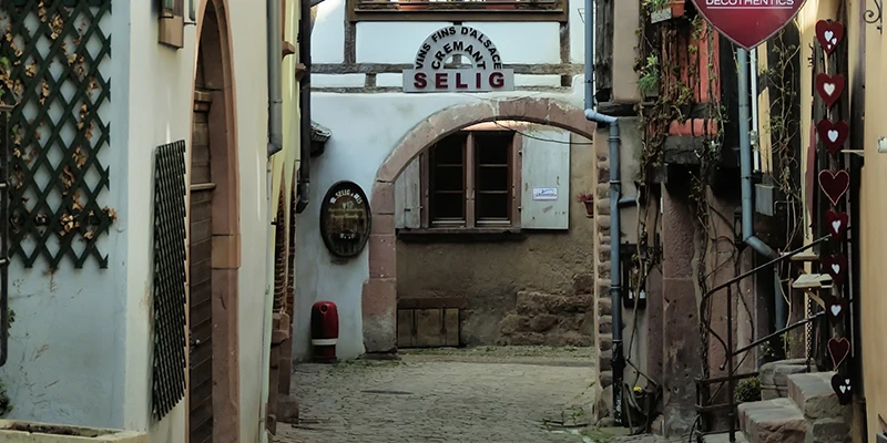 Archway and hanging shop signs in a side lane of Riquewihr