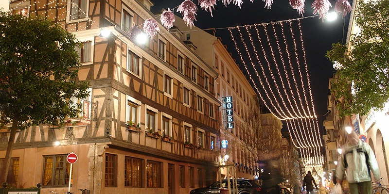 Half-timbered buildings in Petite France, Strasbourg, illuminated at night