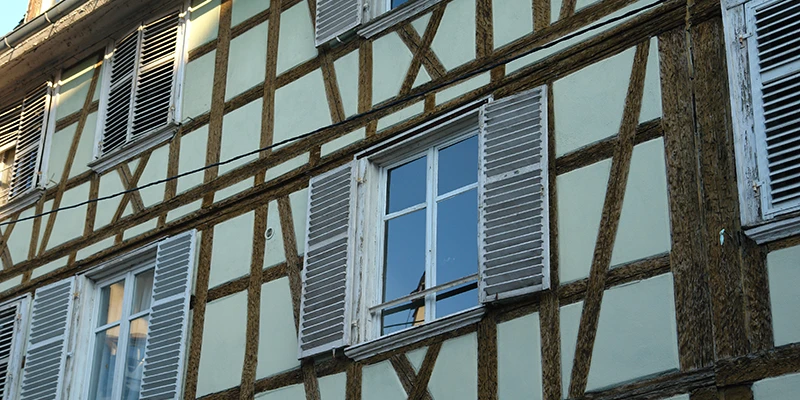 Windows and timber framing on an old Strasbourg house