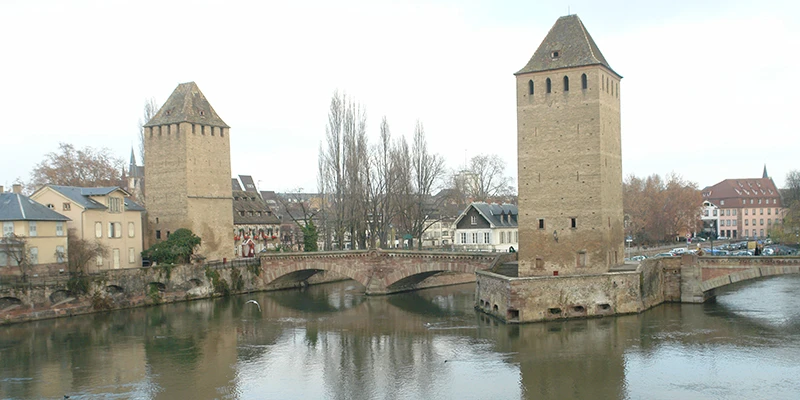 The Ponts Couverts towers reflected in the River Ill, Strasbourg