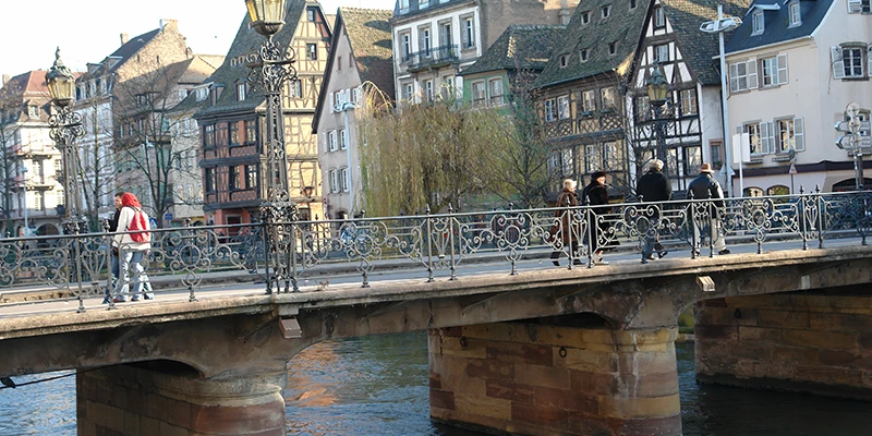 Colorful buildings along the River Ill in Strasbourg seen from a bridge