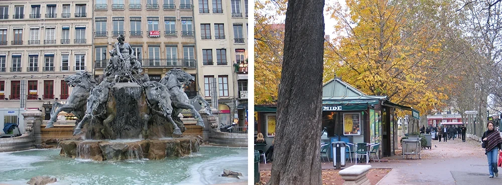 Ornate fountain with horses in a Lyon square beside a tree-lined street