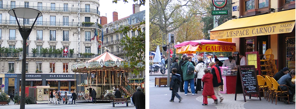 Square in Lyon with cafe umbrellas and a market stall street scene