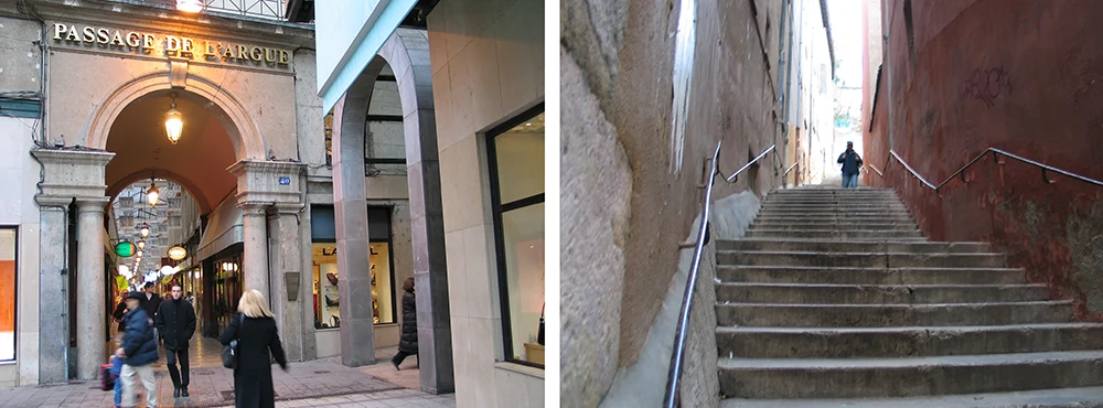 Entrance to a traboule passage in Lyon with a stone staircase beyond