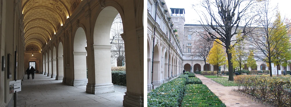 Arcaded walkway and a tree-lined park path in Lyon