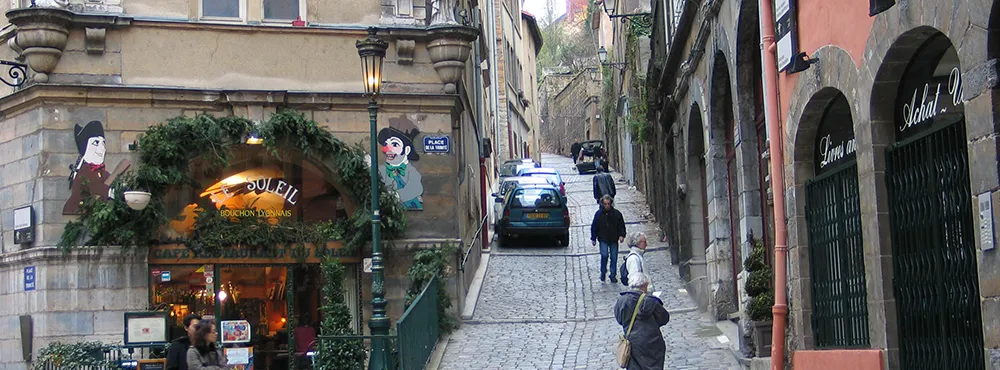 Narrow Old Lyon street with greenery over a doorway and a parked car