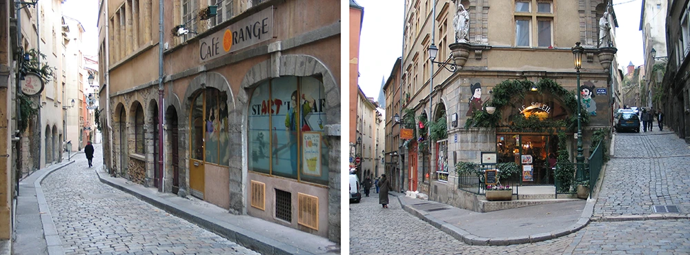 Cobbled lane in Old Lyon decorated with winter greenery