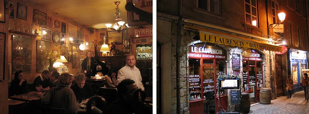 Lit restaurant interior and a bar exterior at night in Old Lyon