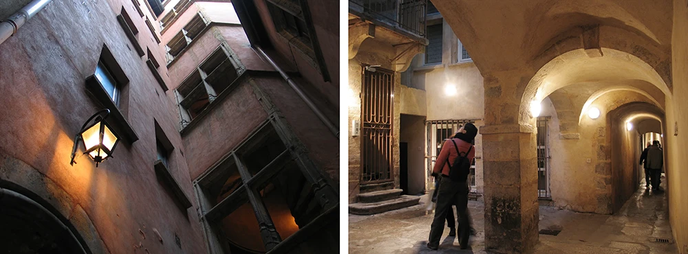 Vaulted traboule passage in Lyon leading through to an inner courtyard