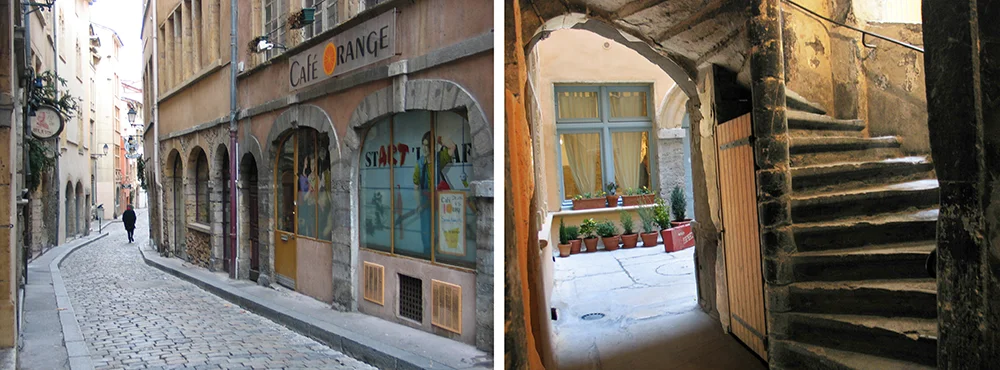 Courtyard doorway and a spiral staircase inside a Lyon building