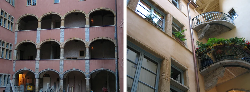 Tiered gallery courtyard with arcades in Old Lyon