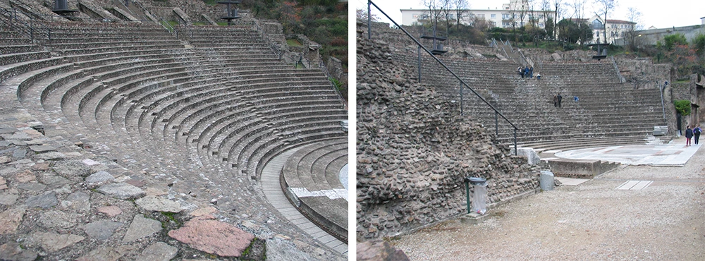 Tiers of stone seating in the Roman theater at Lyon