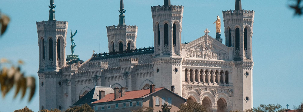 Close view of the towers of the Fourviere basilica in Lyon