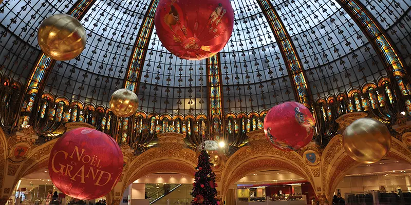 The stained-glass dome inside Galeries Lafayette, Paris