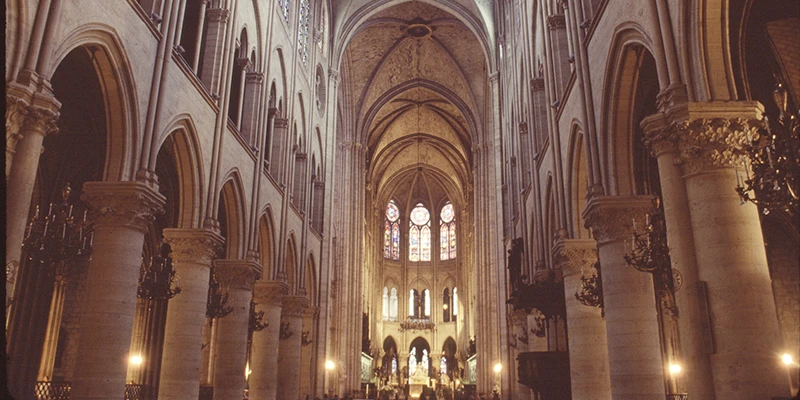 The nave and vaulting inside Notre-Dame, Paris