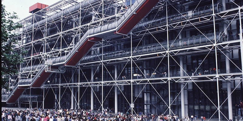 The exposed pipes and structure of the Centre Pompidou, Paris