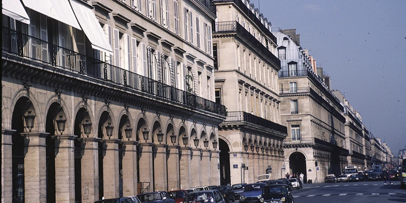 The arcaded sidewalks of the Rue de Rivoli, Paris