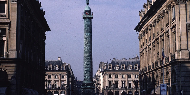 The column and stone facades of the Place Vendôme, Paris
