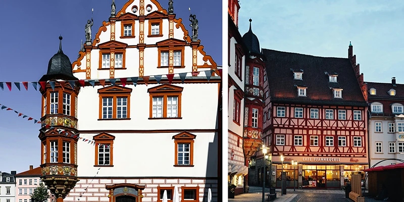Ornate gabled buildings and a half-timbered café in Coburg's old town at dusk