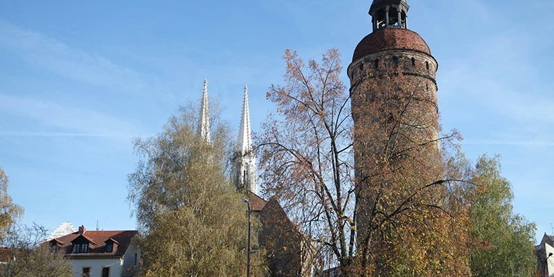 A tall round medieval tower in Görlitz rising above autumn trees, with the white spires of the Peterskirche visible behind