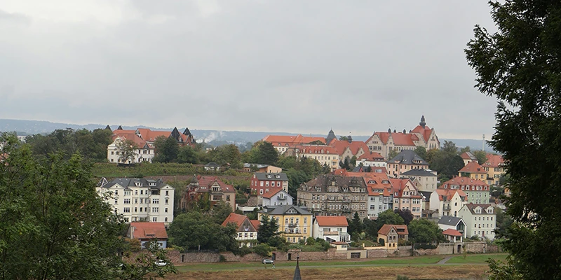 View across to the villa quarter and hillside houses of Meissen on an overcast day