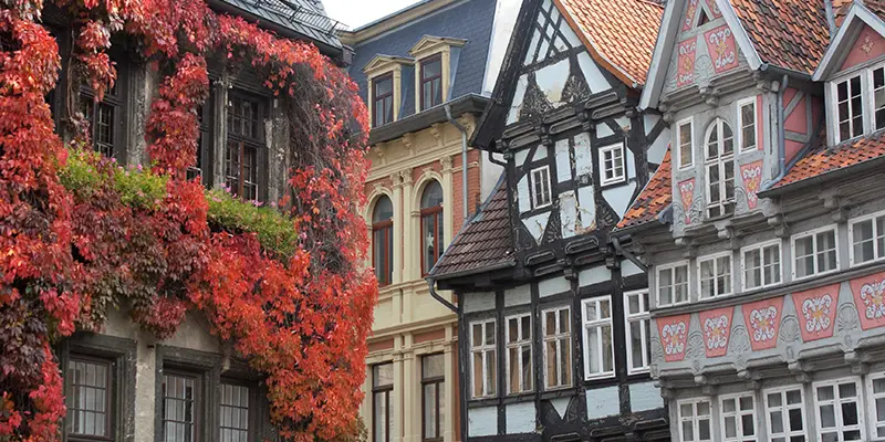 Ornately decorated half-timbered facades with carved and painted panels