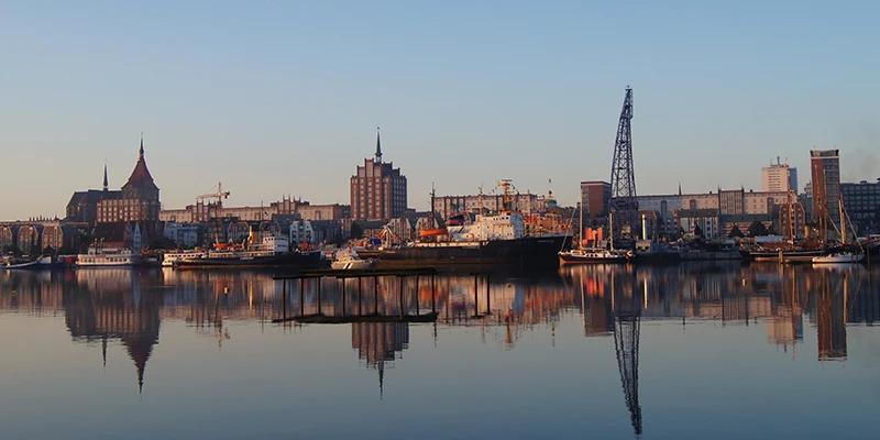 Rostock skyline with waterfront reflections