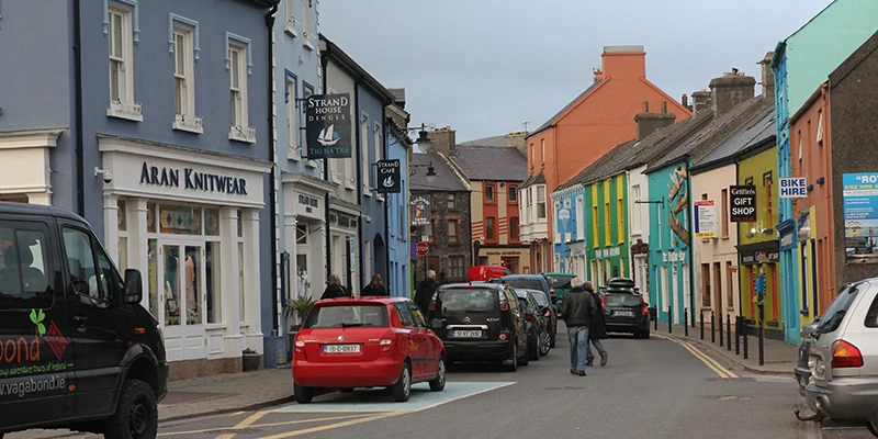 Cars parked along Main Street in Dingle