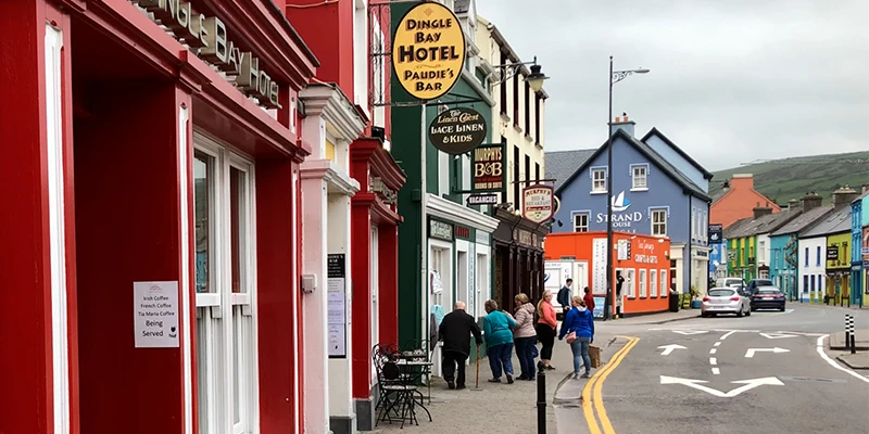 Street view of Dingle town with traditional colorful shopfronts