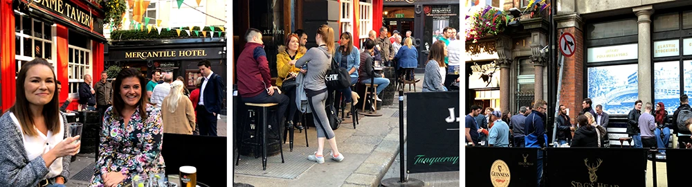 Crowd drinking outside the Stag's Head pub on Dame Court, Dublin
