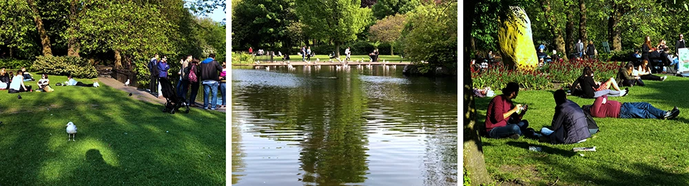 St. Stephen's Green park with lawns, pond and trees in Dublin