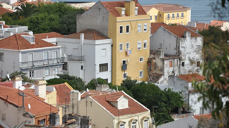 Hillside of old Alfama houses among trees in Lisbon