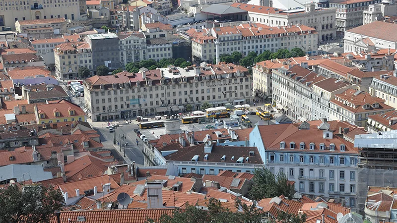 Wide panorama over the rooftops of central Lisbon