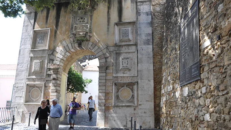 Stone gateway and arch at Sao Jorge Castle in Lisbon