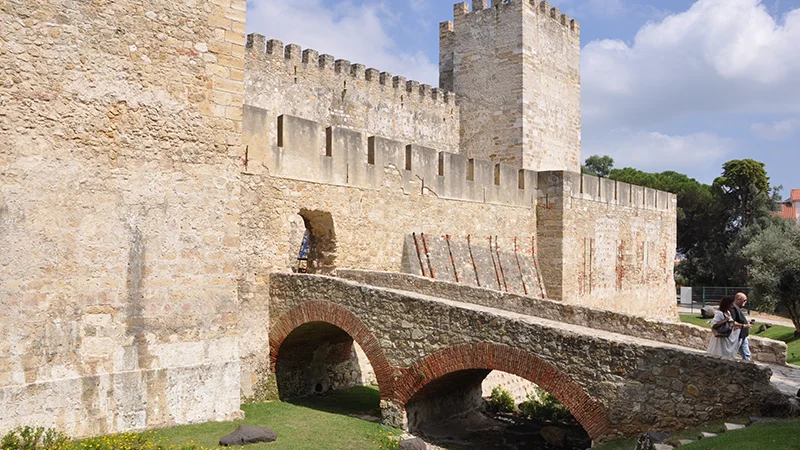 Walls and towers of Sao Jorge Castle above Lisbon