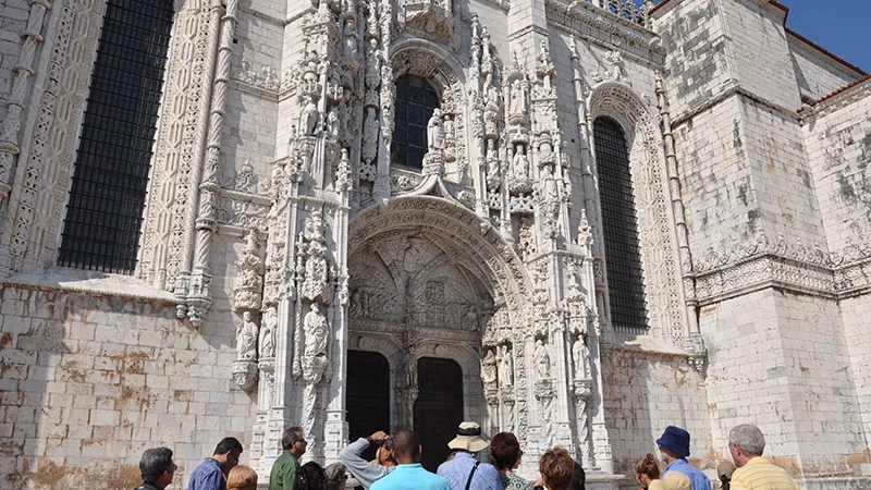 Carved Manueline stonework detail on the Jeronimos Monastery facade