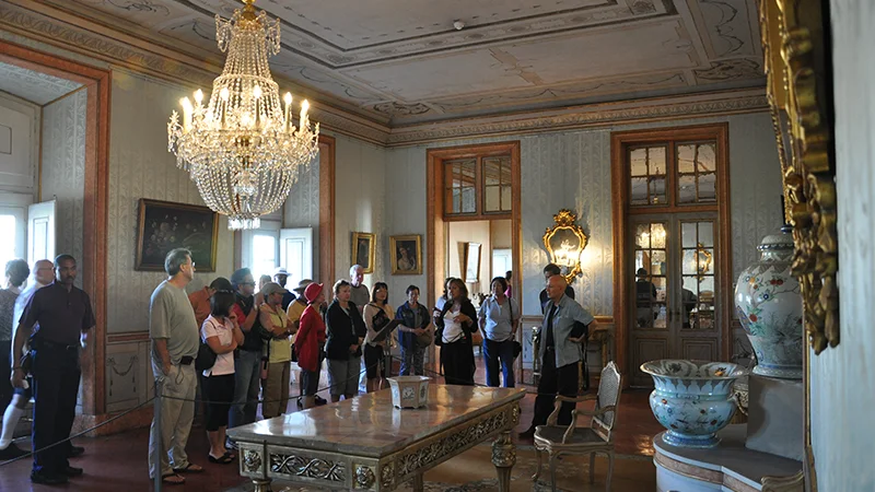 Grand chandelier-lit room at Queluz Palace