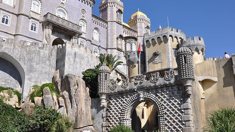 Entrance and terraces of Pena Palace at Sintra
