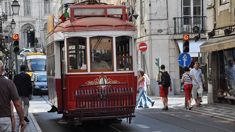Red sightseeing tram in Lisbon