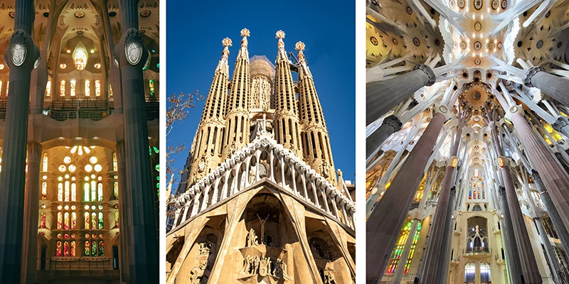 Detailed view of Sagrada Família's intricate facade with religious sculptures and naturalistic ornamentation