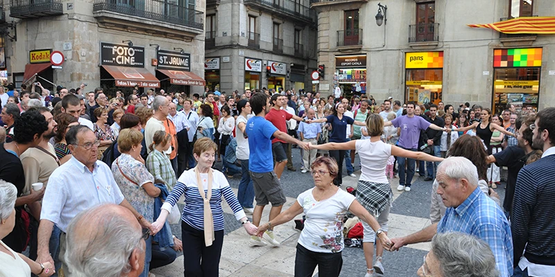 Locals dancing the traditional Sardana circle dance in Barcelona